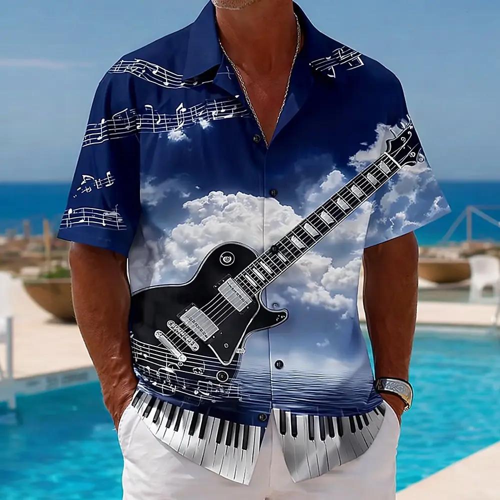 Music Lover's Short Sleeve Shirt, Guitar Piano Print, Casual Summer Essential