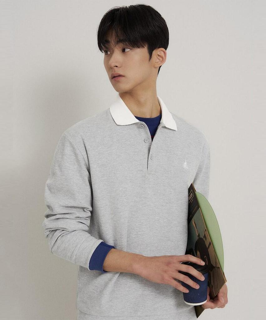 Binpolmen Collared Contrast Long Sleeve T-Shirt Light Gray