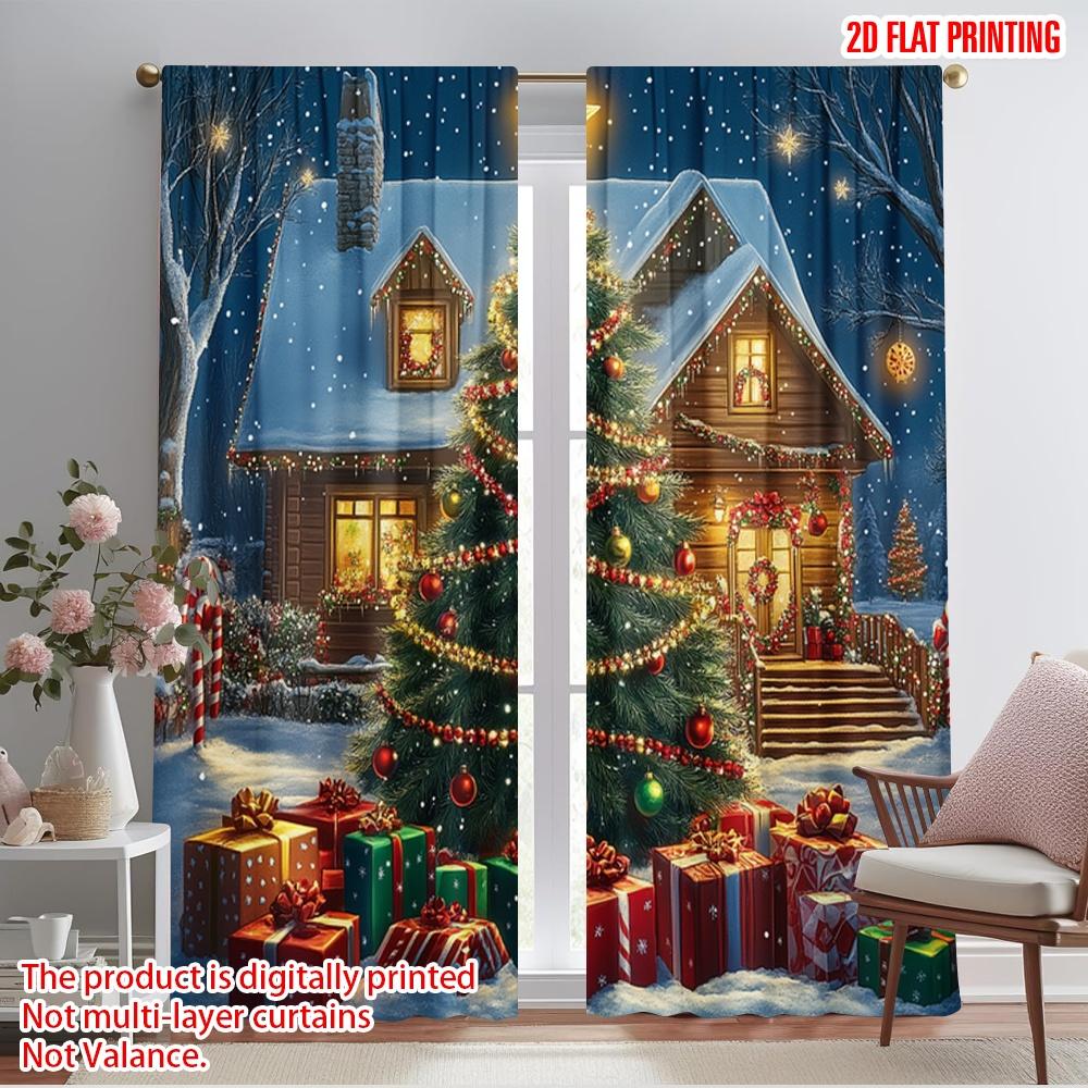 

Set Of 2 Plane Printing Curtain Fabric Christmas Tree Presents Cozy Home Versatile Durable Polyester Without Rod Gifts Use Made W100*H70(CM)-Rod Pocket&1PCS
