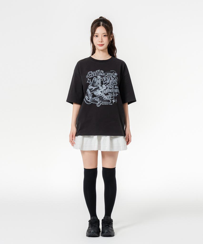 MOZMOZ Something Base Oversized Pigment Short Sleeve T-Shirt Black