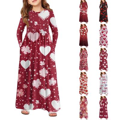 Maxikleid für Mädchen, Langarm-Taschenkleid Valentinstag