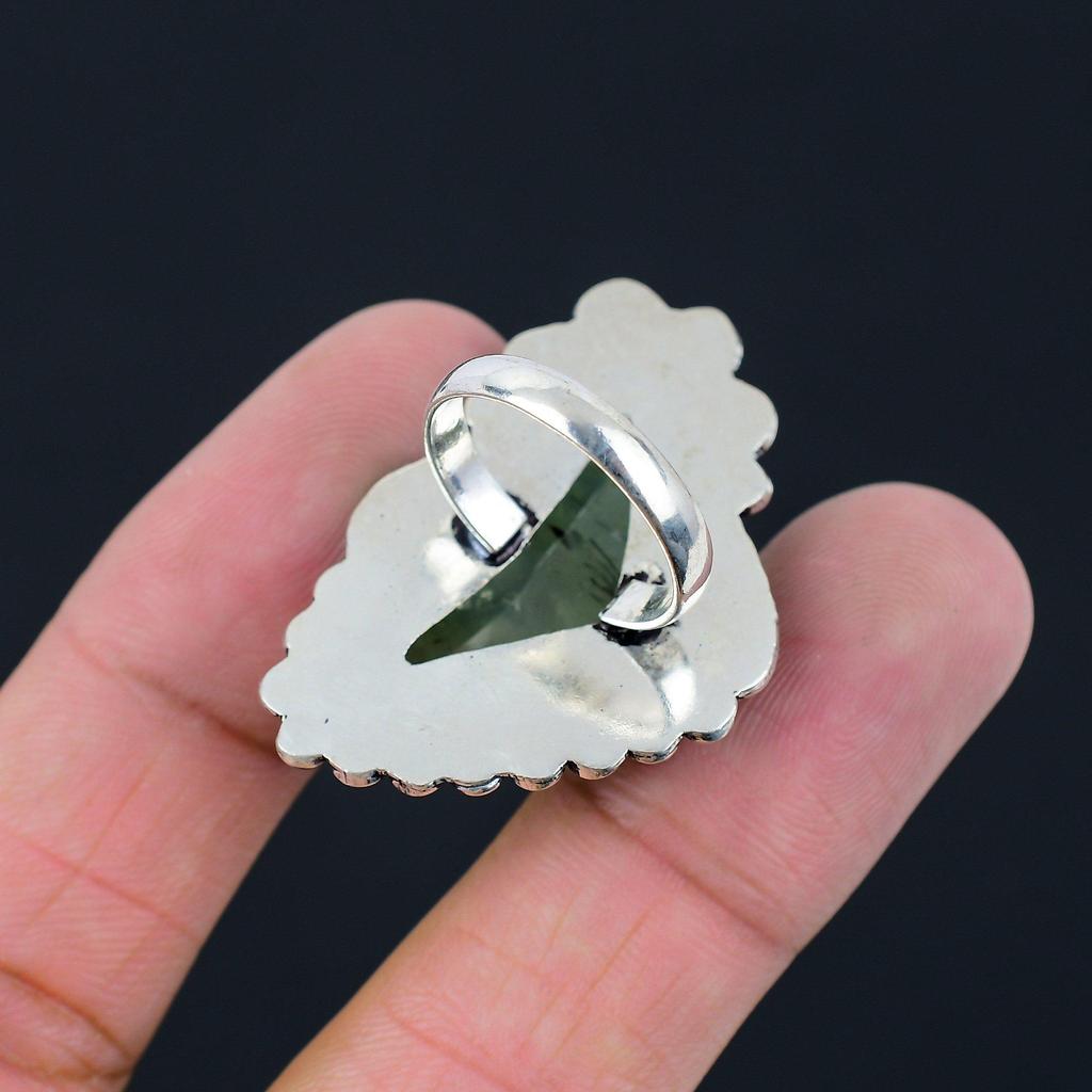 925 Silber Moos Prehnit Edelstein Trendiger Solitär Geburtstag Ring Schmuck US 7.5