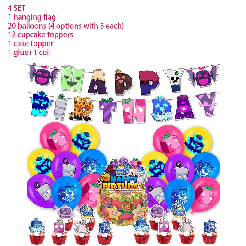 Blox Fruits Party Decorations Pirate King Game Box Flag Balloons Cake Toppers Birthday Banners Set)