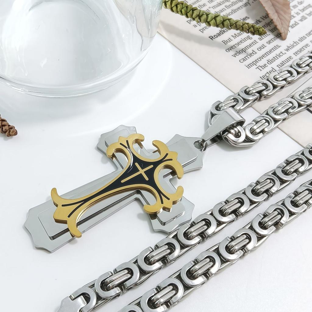 New Trendy Men's Titanium Steel Flat Section Necklace from Europe and America, Stainless Steel Oil Drop Cross Pendant