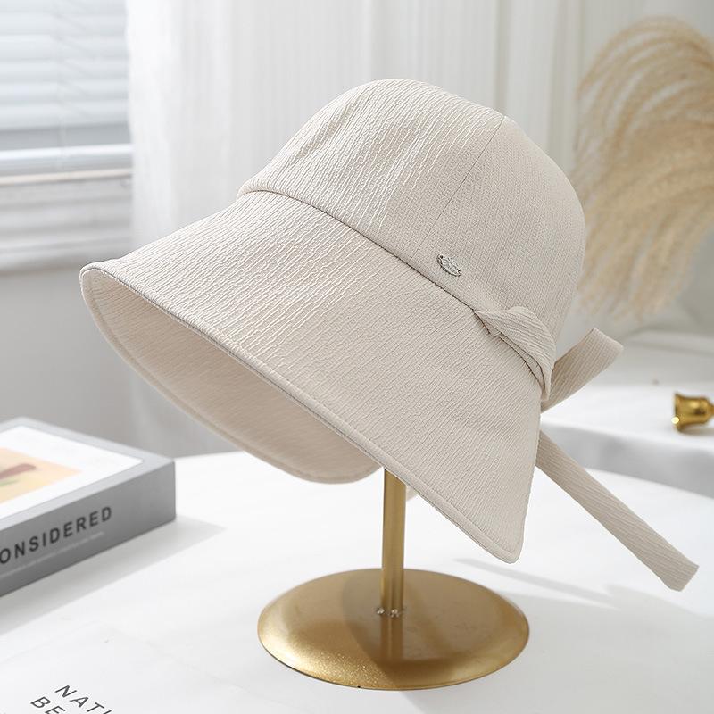 Women'S Bucket Hat Korean Style Solid Color With Bow Fisherman Cap Foldable Sunscreen Trendy Casual Simple Wide Brimmed
