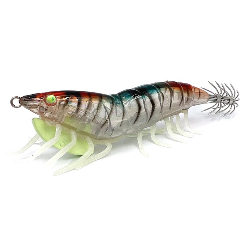 Night Glow Wooden Shrimp Squid Hook Soft Footed Bait with Sound Beads Fake Bait for Fishing