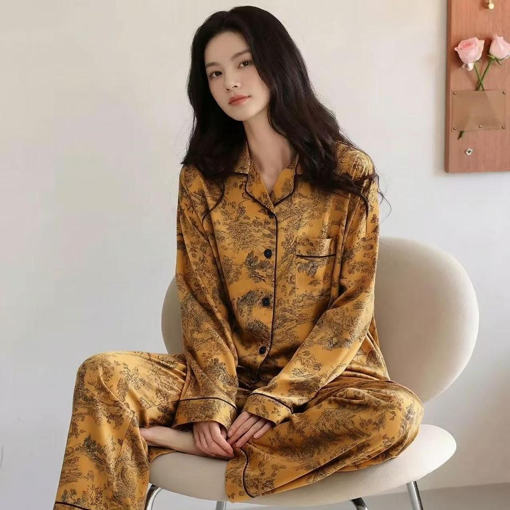 Women's Retro Ink Painting Ice Silk Pajamas Set - Long-Sleeve Top & Long Pants, Spring/Autumn Luxury Home Wear.