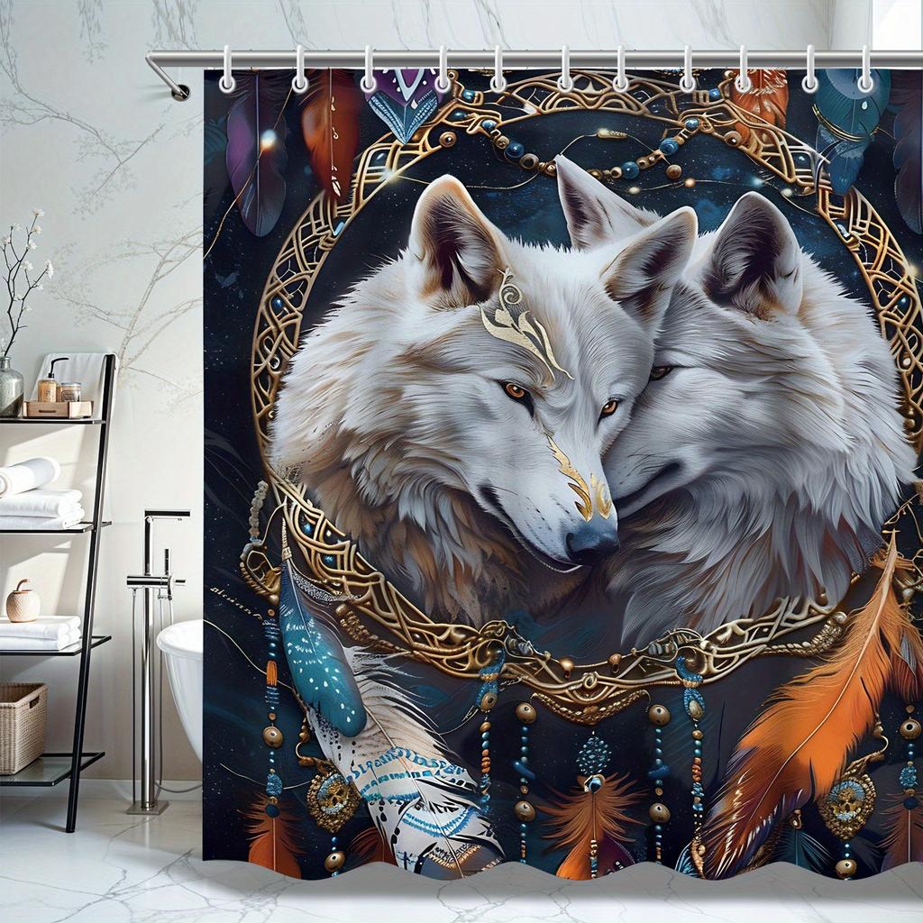 Exquisite Wolf Totem Shower Curtain - Mystical Wolf With Feathers, All-Season Design, Easy Install, Bathroom Accessories Set