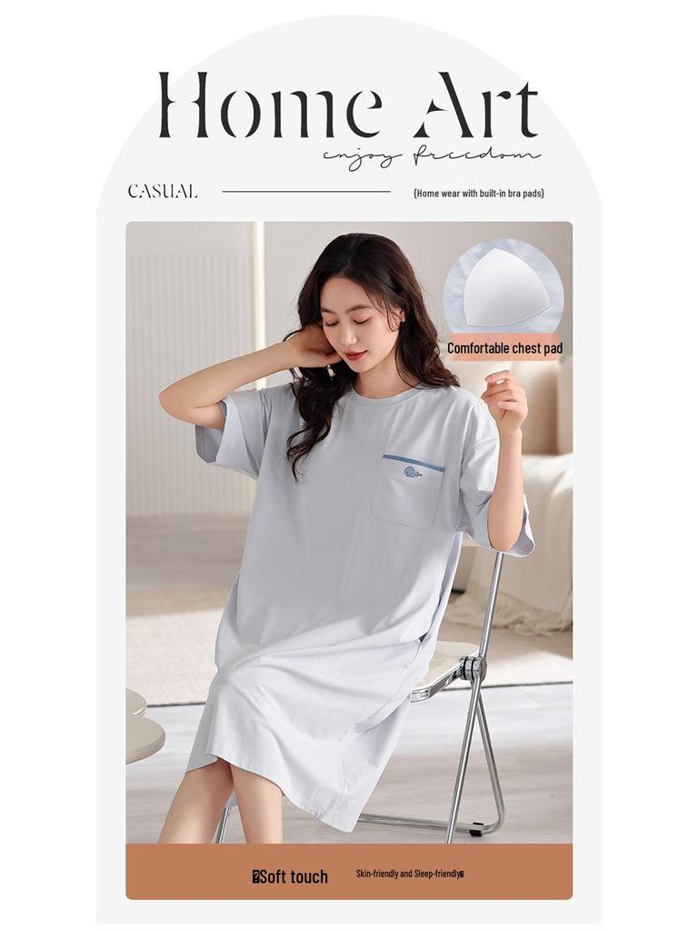 Women's Pure Cotton Loose Mid-Length Nightgown with Bra Pads – Comfortable Anti-Exposure Pajamas for Spring, Suitable for Home or Outdoor Wear.