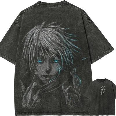 Gojo Satoru Six Eyes T-shirt Jujutsu Kaisen Blue Glow Tee Vintage Washed Oversized Retro Anime Streetwear Clothes