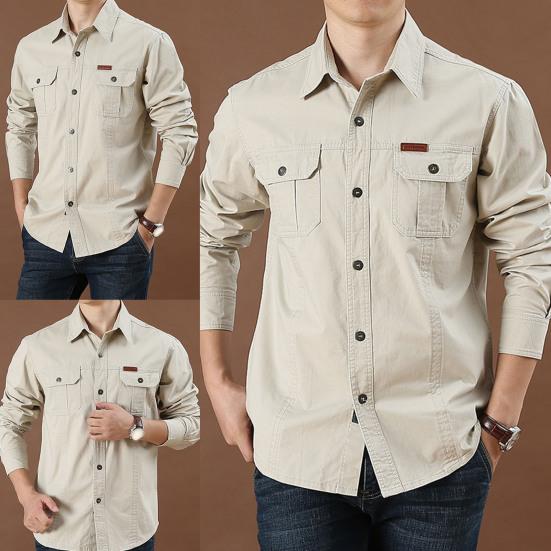 Men Shirt Solid Color Single-breasted Multi-pockets Wear-resistant Men Top for Daily Wear