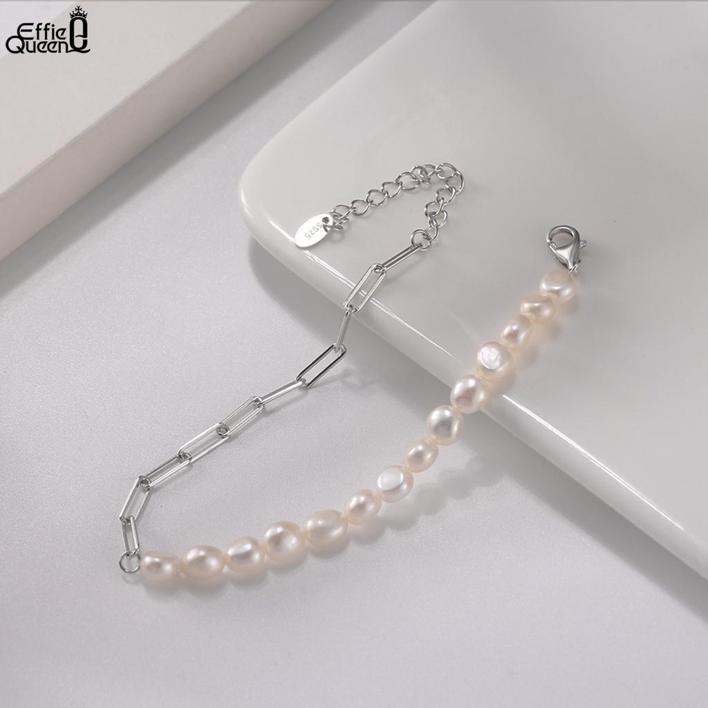 EFFIE QUEEN Vintage Natural Pearl Bead Bracelet for Women Minimalist 925 Sterling Silver Paperclip Chain Bracelet Jewelry GPB01