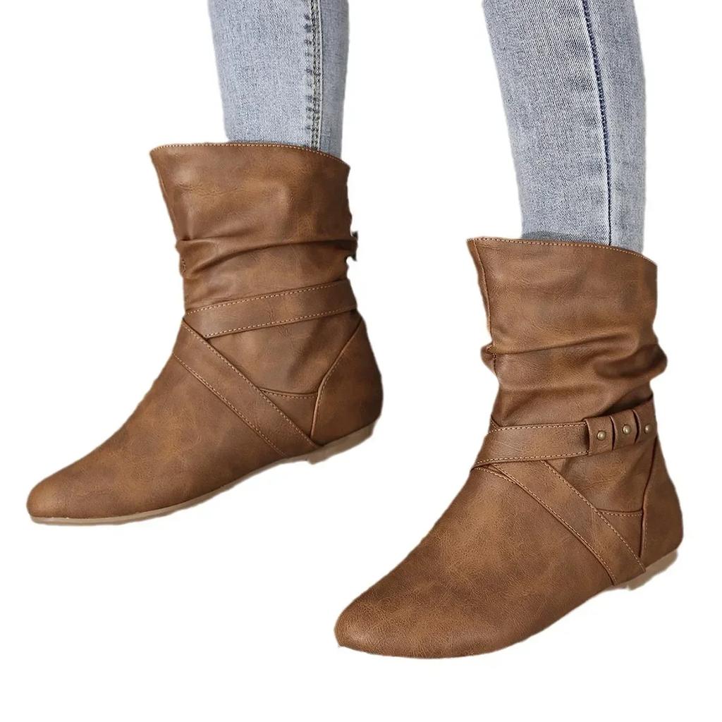 fashion Flat Sole Female Ankle Boots Women Solid Color Wide Calf Short Boots Ladies Slip on Pleated Plus Size 42 Booties Designer Shoes