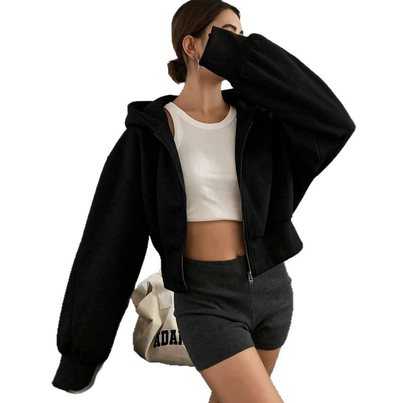Women Short Zip Up Hooded Cardigan Batwing Sleeve Loose Streetwear Solid Color