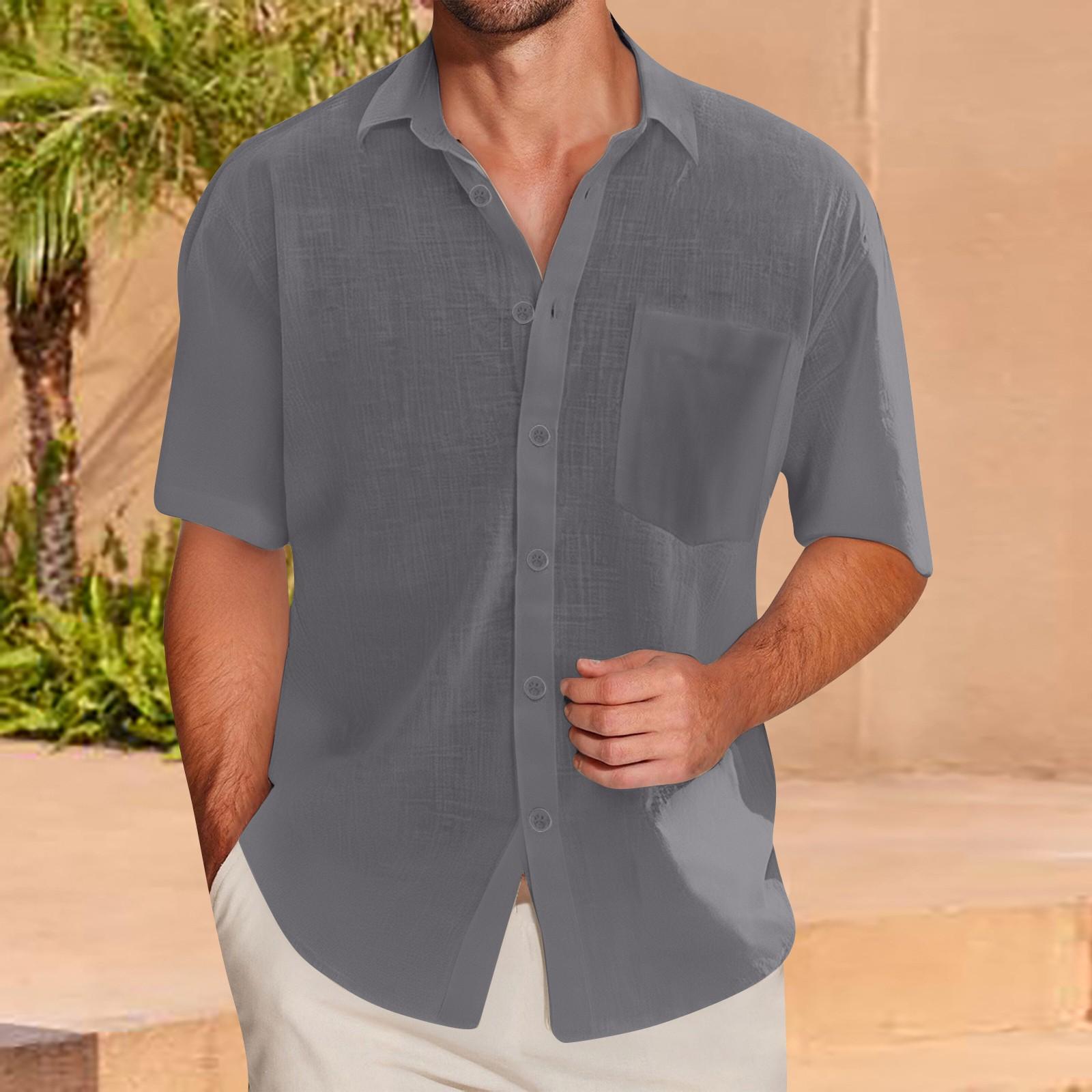 

Мужская рубашка с коротким рукавом из хлопка и льна, повседневная, с лацканами, приталенного кроя, дышащая, на пуговицах, с карманом L