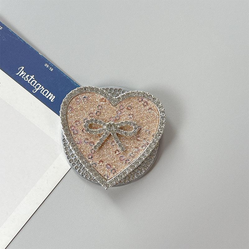 Rhinestone Leather Pattern Love Bow Mobile Phone Airbag Holder Magnetic Paste Retractable Women'S Premium Sense Ring