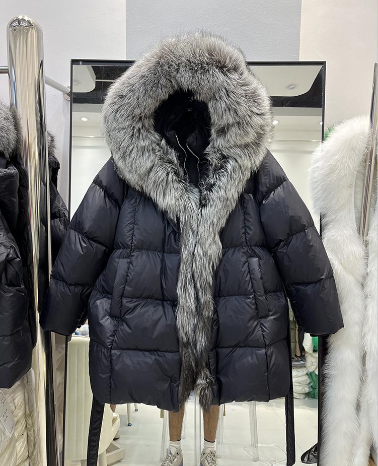 European winter new fur fox fur collar down jacket women's medium and long lace-up waist thickened coat