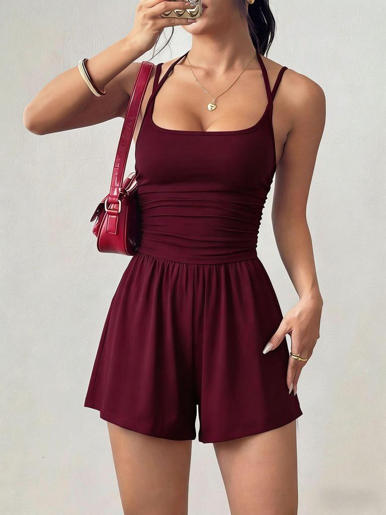 2026 Summer Women's Spaghetti Strap Casual Bandeau Jumpsuit with Wide Leg Shorts