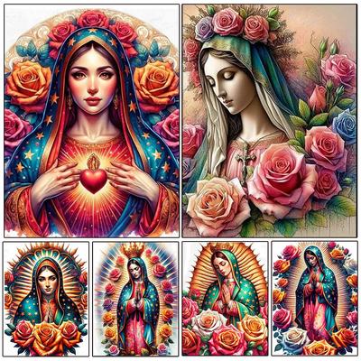 Pittura diamante 5D fai da te con fiori colorati, mosaico, ricamo a croce della Vergine Maria, decorazione per la casa cattolica messicana.