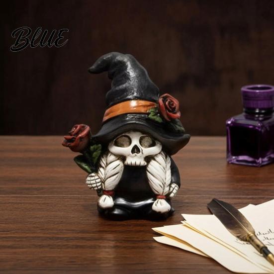 Gnome Table Centerpiece Halloween Skeleton Figurine Gothic Witch Hat Dwarf Statue Holiday Party Ornament Holding Rose Sculpture for Decoration