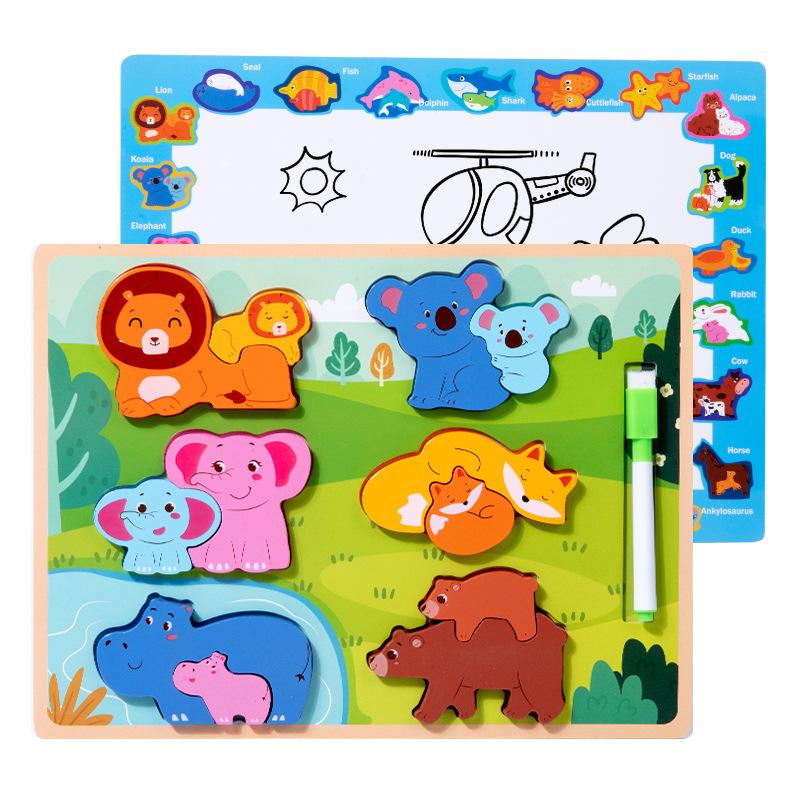 Puzzle drawing board 2-in-1 early childhood education three-dimensional puzzle board baby drawing blackboard large particle building block play
