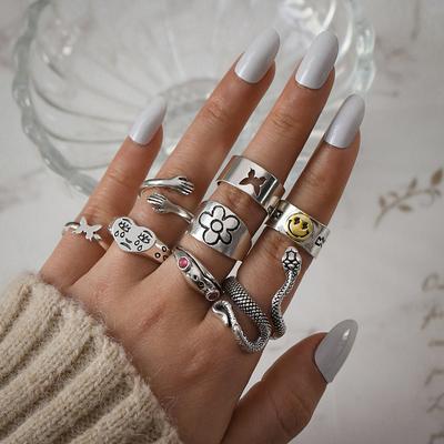 Fashion Women's Ring New Exaggerated Snake-shaped Frog Butterfly Crying Face Ring Combination 8 Sets of Women's Rings Wholesale