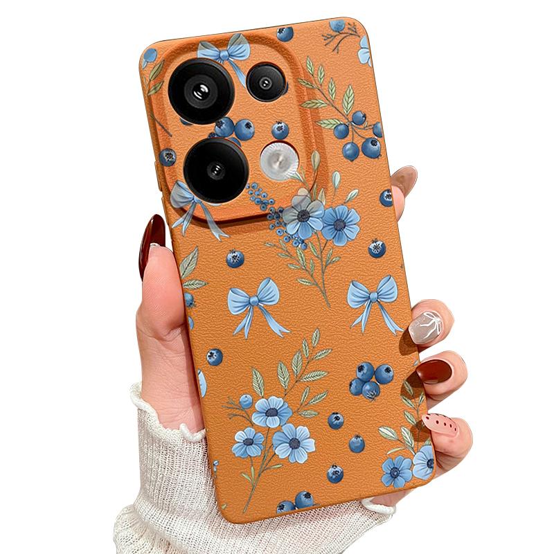 Blaubeere Schleifen Blumenmuster Hülle Für Xiaomi 14T 13T 11T Pro Funda Redmi Note 14 13 12 11 Pro 5G 4G Lederstruktur Silikonhülle