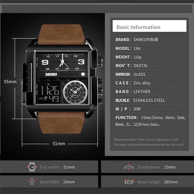 SKMEI Stainless Steel Mens Watches Quartz Military Sports Waterproof LED Digital Wristwatches