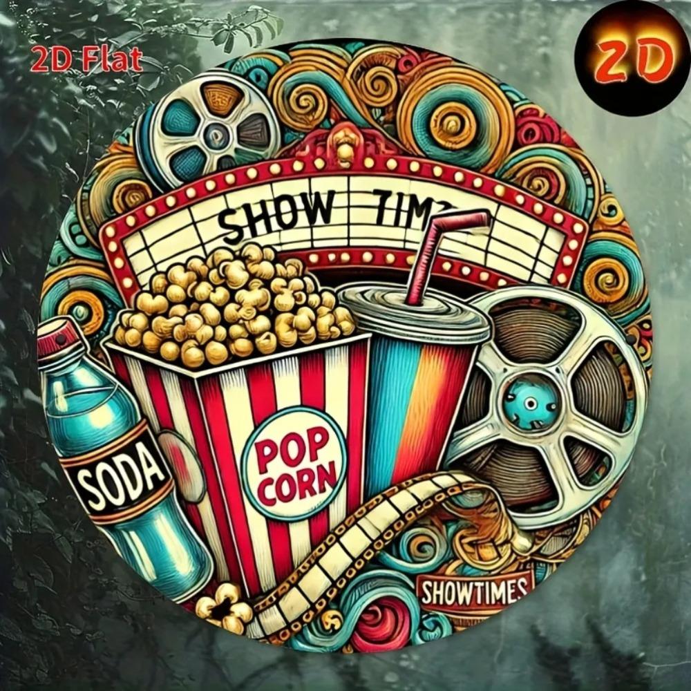 Vintage Cinema Popcorn Printed Circular Metal Tin Sign Retro Wall Art for Garage Cafe Bar Living Room Durable Rustic Decor