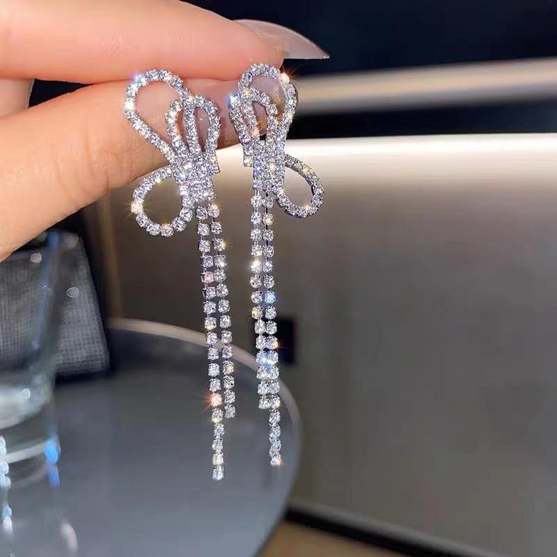 925 Sterling Silver Needle Bow Tassel Earrings, Full Diamond Studs, Korean Fashion, Trendy Celebrity-Inspired Earring Accessories