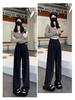 Women's Gray High-Waisted Wide-Leg Sweatpants, Slimming Loose Fit, Floor-Length, Thin Summer Style, Straight-Leg.