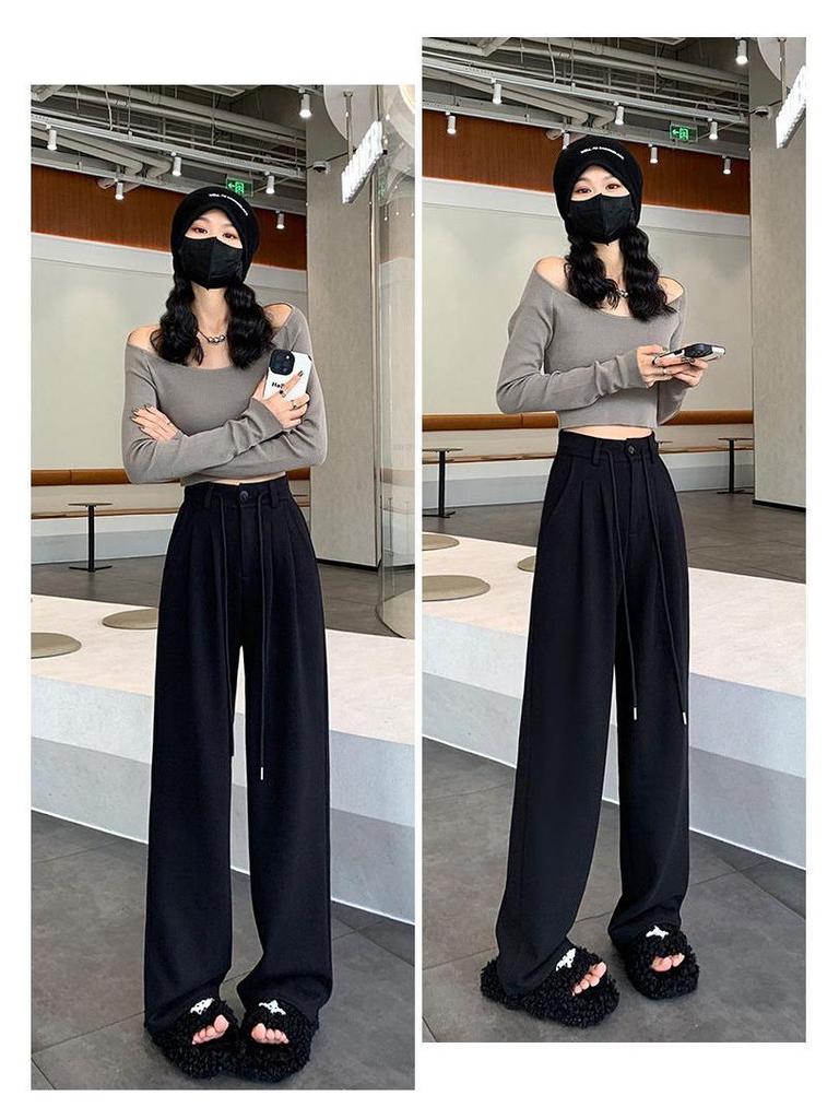 Women's Gray High-Waisted Wide-Leg Sweatpants, Slimming Loose Fit, Floor-Length, Thin Summer Style, Straight-Leg.