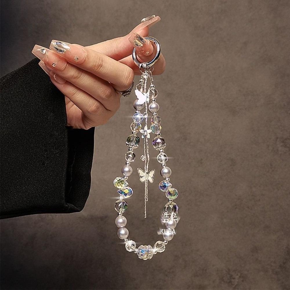 Hand-beaded Phone Hand Rope Butterfly Crystal Car Keychain Mobile Phone Lanyard Strap  Ornament