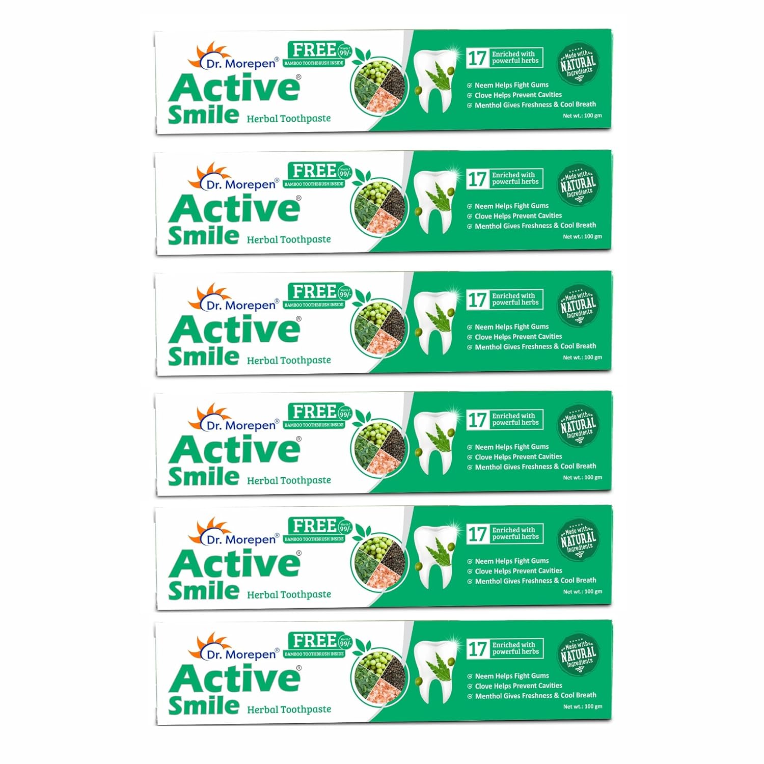 DR. MOREPEN Active Smile Herbal Toothpaste Combo Pack of 6 100 gm Complete Oral Care