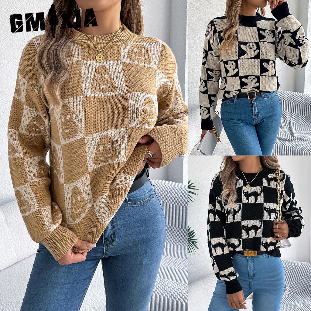 GMXIA Autumn Winter Halloween Checkered Lantern Long-sleeved Pullover Sweater Women's Clothing