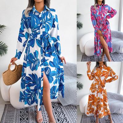 Women Spring Summer Contrast Floral Polo Collar Lace Up Shirt Dress For Ladies Single Breasted Long Dress