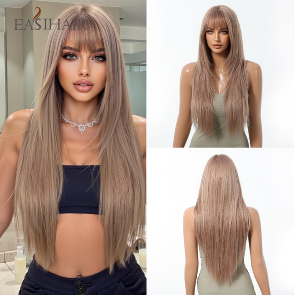 Synthetic Layered Wig Long Rose Gold Straight Wigs with Bangs Blonde Cosplay Party Natural Hair Wigs for Women Heat Resistant