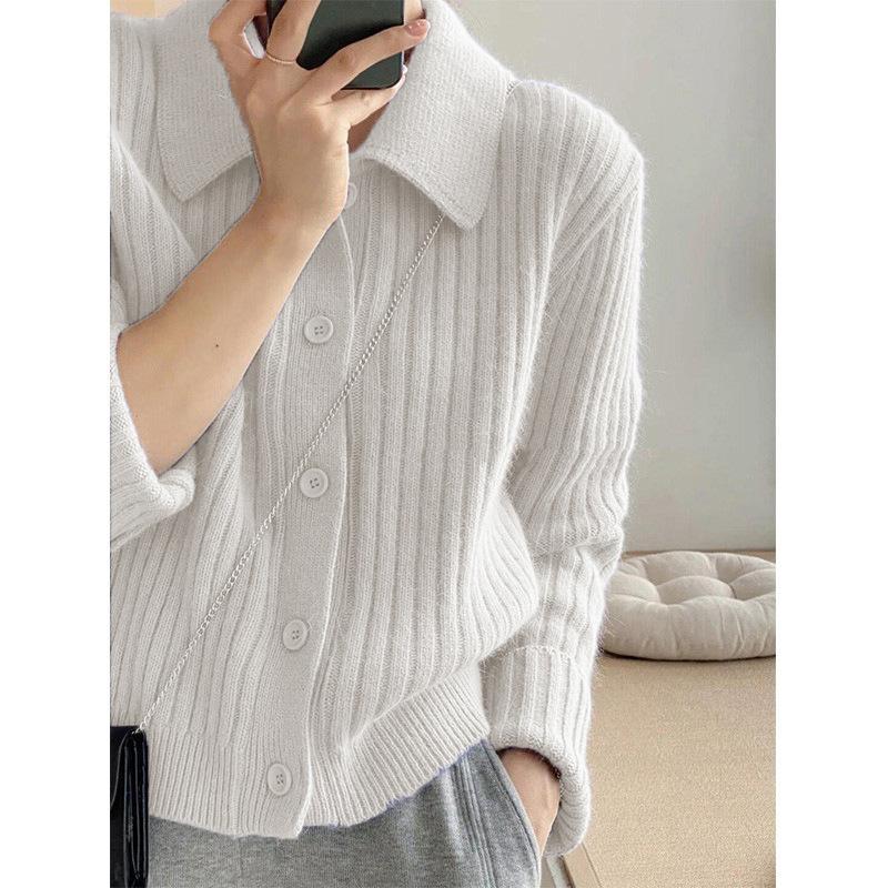 Cashmere Polo Collar Sweater Cardigan Women's Autumn And Winter Outer Design Sense Niche Lazy Knitted Cardigan Jacket