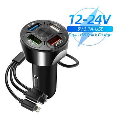 Cargador de coche con 4 puertos USB y cable de carga 3 en 1 QC 3.0 y adaptador de cargador de teléfono para coche con 3 puertos USB