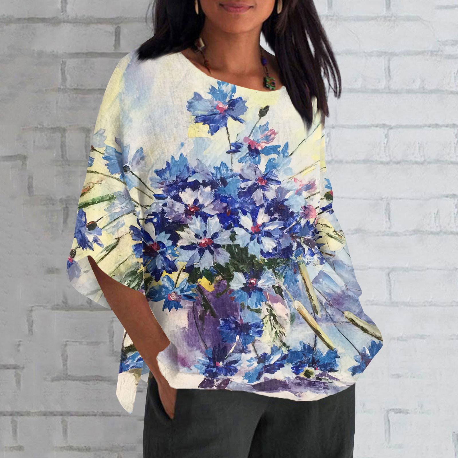 

Женская мода с коротким рукавом и круглым вырезом с принтом, свободная повседневная рубашка XXL синий