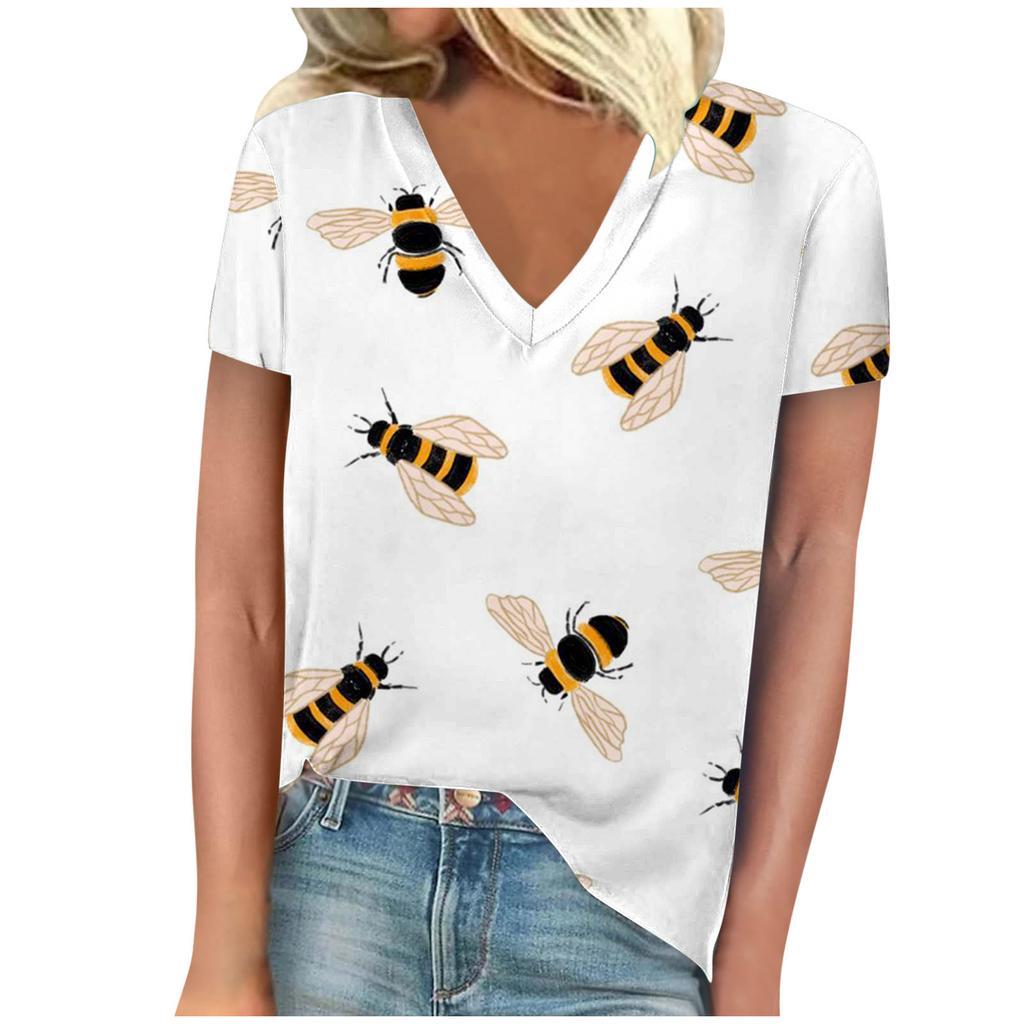vintage women bee print t shirt short sleeve v neck tops comfortable t-shirts