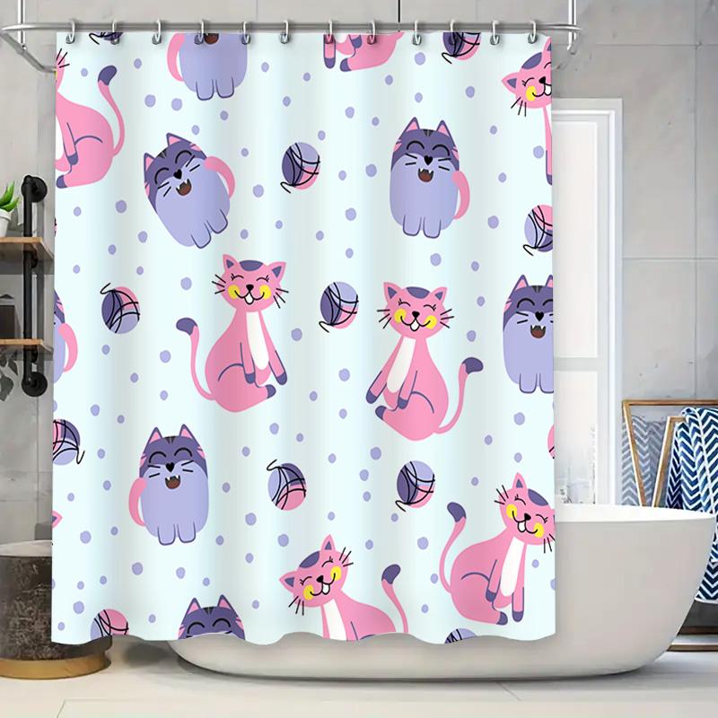 

Kawaii Cat Shower Curtain Blue Pink Floral Print With Furry Friends Perfect For Bathroom Decor And Pet Lovers! W60H190(CM)-1 Pcs
