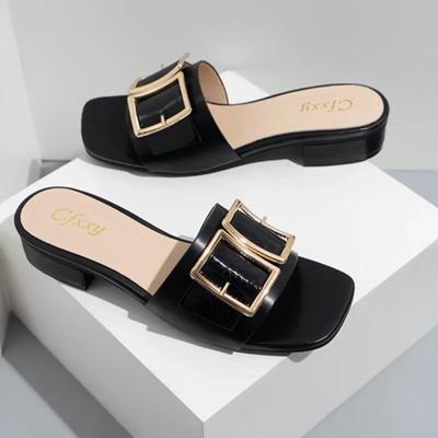 Fashion Women Slippers Metal Buckle Casual Flat Bottomed Female Sandals Summer Classic Designer Comfort Beach Outdoor Ladies Shoes