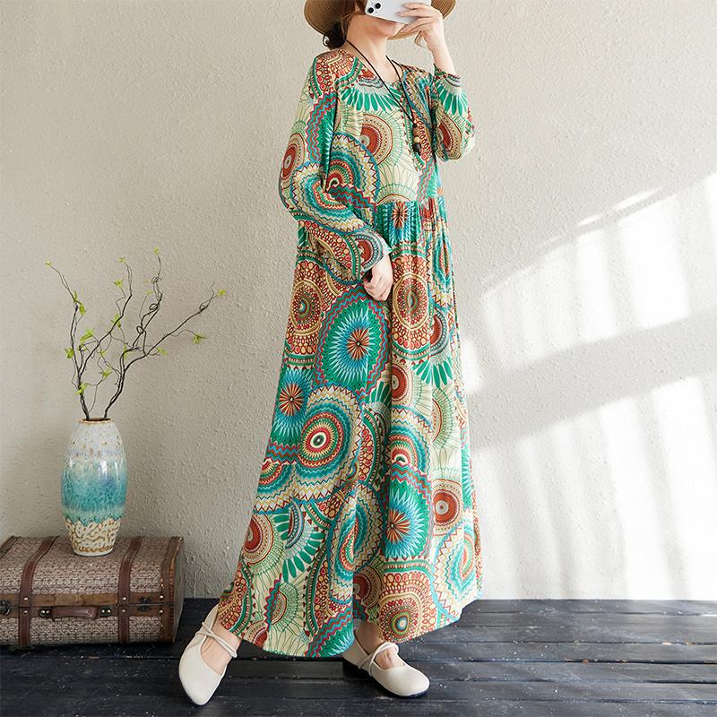 

Dimanaf 2025 Женское Новое Весеннее Длинное Платье Большого Размера С Длинным Рукавом О-Образным Вырезом Печать Свободное Повседневное Винтажное Макси 2XL зелёный