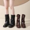 Round head wide tube thick heel medium tube boots women's autumn and winter new retro belt buckle western boots pleated leather boots women's knight b
