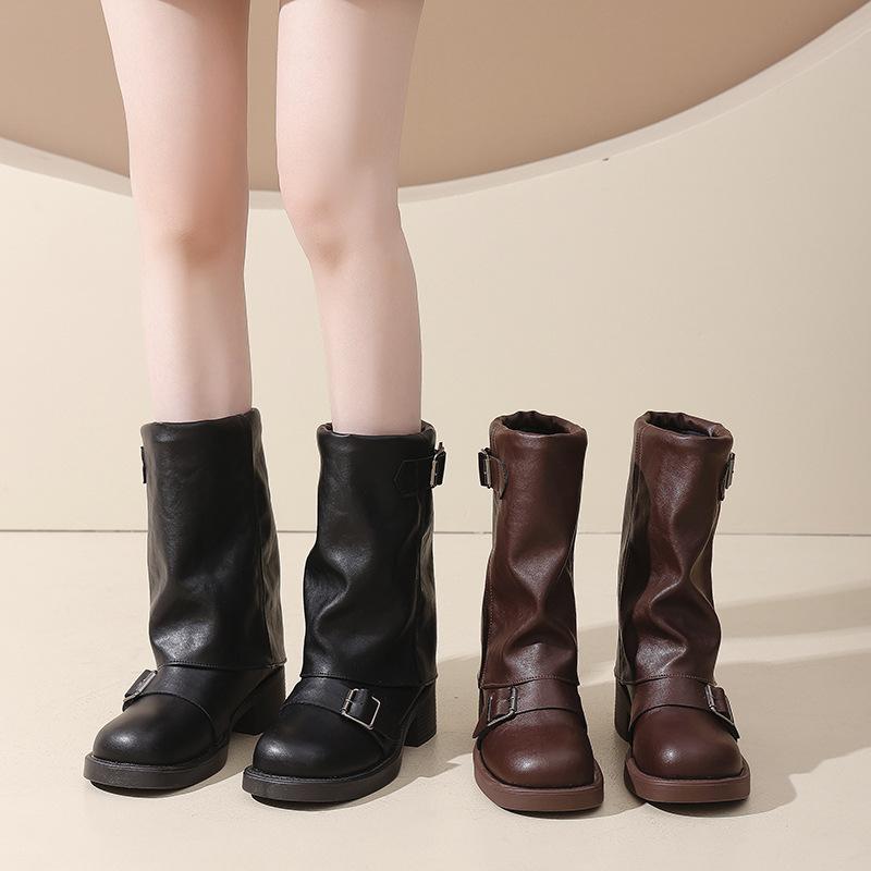 Round head wide tube thick heel medium tube boots women's autumn and winter new retro belt buckle western boots pleated leather boots women's knight b