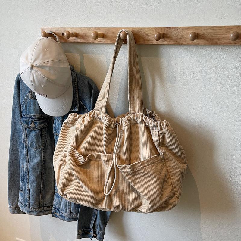 Japanese Retro Corduroy Handbag Canvas Large-Capacity Underarm Bag Fashion Drawstring Shoulder Women'S Bag