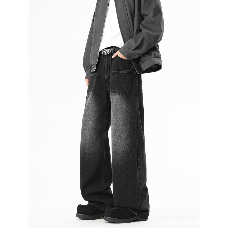 Wassup Trendy Retro Washed Distressed Jeans for Men, Loose Fit, Cool Gradient Color Casual Wide-Leg Straight Pants