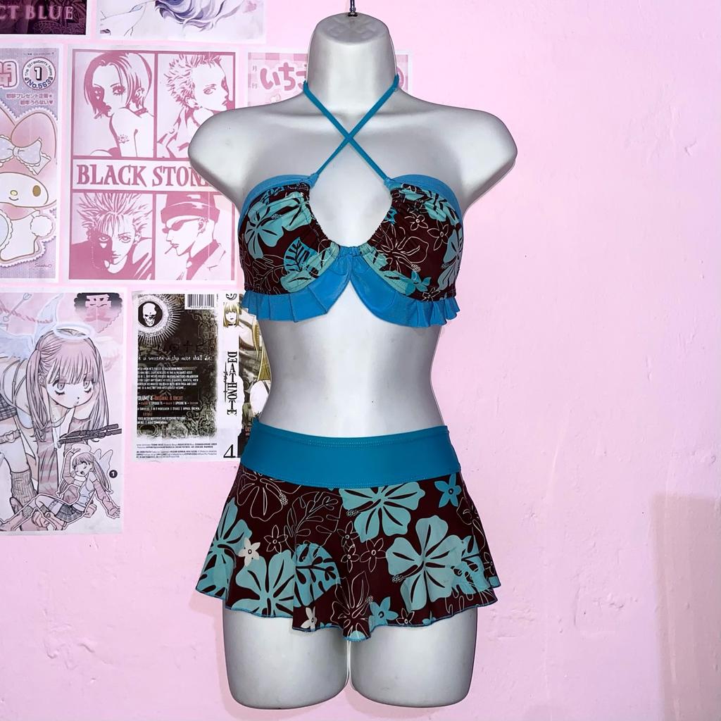 Vintage Flower Print Cutie Set Bikini 2000s Swimsuit Sexy Women Bathing Fashion Halter Strap Swimwear High Street Beach Female