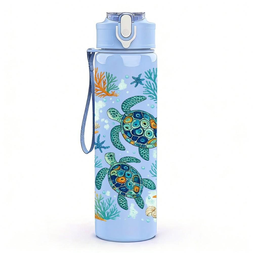 1PC Sea Turtle Underwater Ocean Pattern Print 750ml Color Plastic Sports Water Bottle Leakproof Flip Straw Lid Suitable for Sports Office Home Use